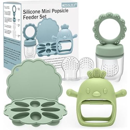 3 Pack Silicone Teething Mitten for Babies with Baby Fruit Food Feeder & Freezer Tray Set, BPA Free Infant Teething Relief Toy for 3 Month+, Additional Silicone Sacs