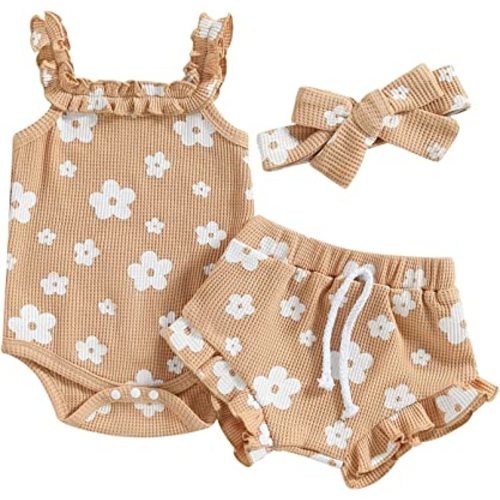 Infant Baby Girl Summer Clothes Outfit Flower Print Fly Sleeve Solid Romper Tops Cute Baby Clothes Girl Outfit Set