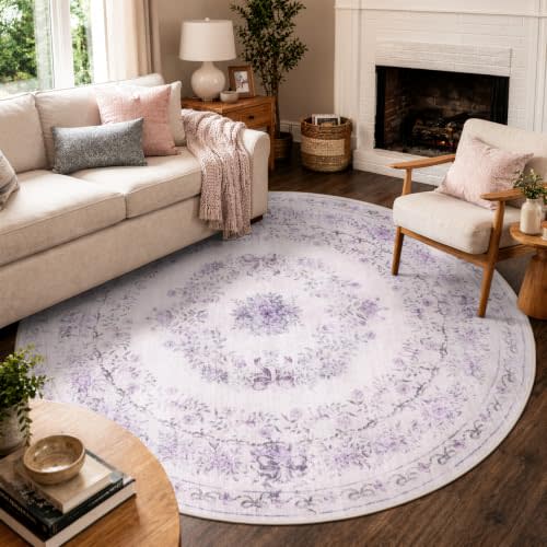 Wonnitar Purple Floral Bow 6ft Round Rug, Washable Rug for Living Room | Non Slip Vintage Circle Rug for Nursery, Soft Low Pile Carpet for Bedroom Dining Room Office Decor, Purple
