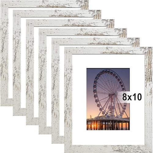BESCRCL 8x10 Picture Frame Distressed White Set of 6, Display Pictures 5x7 with Mat or 8x10 Without Mat for Wall Mounting or TableTop