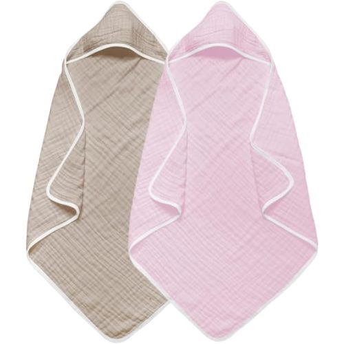 Baby Hooded Bath Towels 2 Pack Brown and Pink Muslin Cotton Ultra Soft Absorbent Quick Dry Toddler Towel for Newborn Infant Kids Large 32x32 Inch Bath Beach Swaddle Blanket​