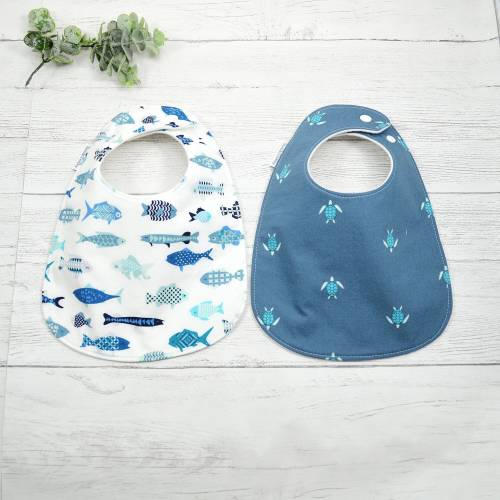 Sea Turtle & Fish Baby Bib: Organic Cotton Fleece, Adjustable Snaps