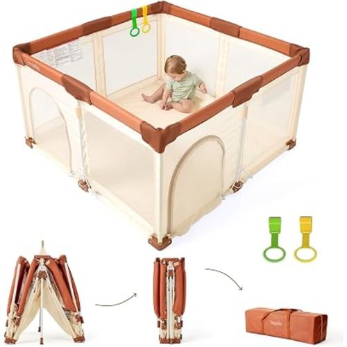 Tinyiota Foldable Baby Playpen, 50x50 Inch Portable Play Yard for Babies and Toddlers with Soft Breathable Mesh, Storage Bag & 2 Pull-Toy Handles for Indoor & Outdoor (Brown, 50x50)