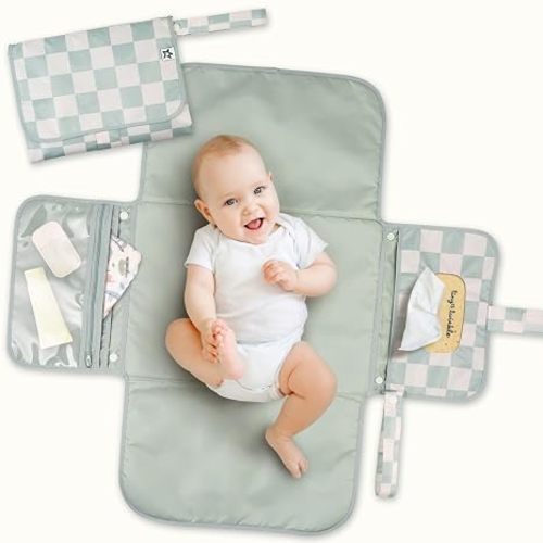 Tiny Twinkle Portable Diaper Changing Pad | Waterproof, Wipeable & Compact Baby Changing Pad for Travel | Smart Wipes Pocket & Organized Storage| Newborn Shower Gift (Sage Checkers)