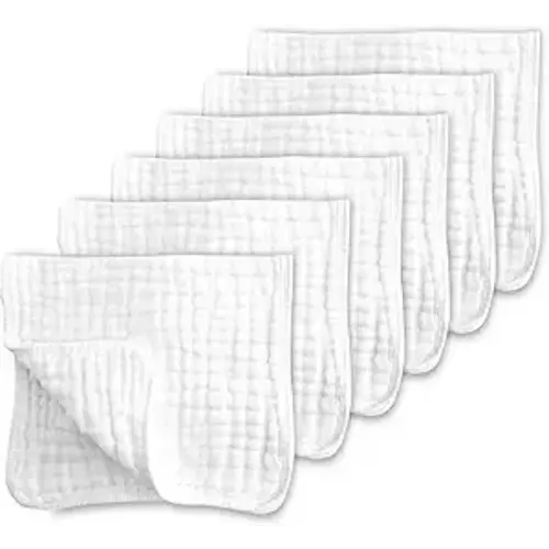 CottCare Muslin Burp Cloths for Baby 100% Cotton Large 20''X10'' 6 Layers Thicken Super Soft and Absorbent (6 Pack,White)