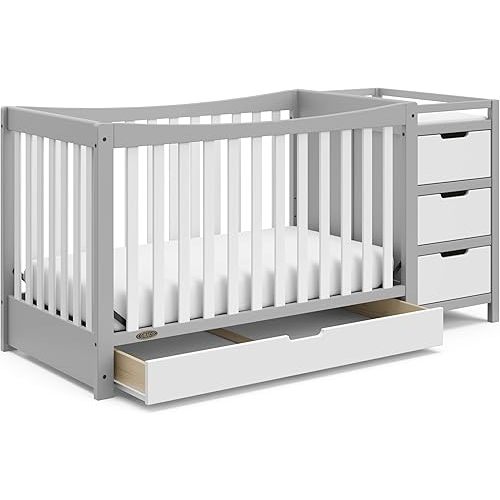 Graco Remi 4-in-1 Convertible Crib & Changer – GREENGUARD Gold Certified, Fits Standard Crib Mattress, Converts to Toddler Bed and Full Bed, 4 Adjustable Mattress Heights (Pebble Gray and White)