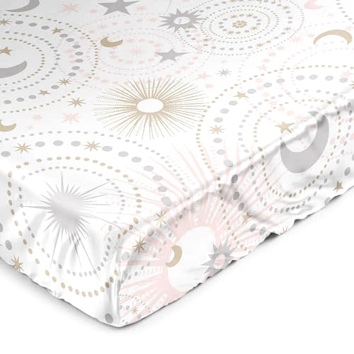 Sweet Jojo Designs Blush Pink Gold Star and Moon Girl Baby Satin Fitted Crib Sheet for Infant Newborn Nursery Toddler Bed Room Standard Mattress - Grey Celestial Sky Stars Gray Shabby Chic