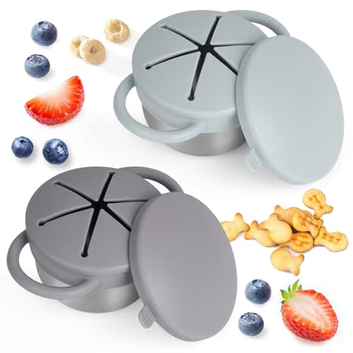 Daximo 2 Pack Snack Cups for Toddlers Spill Proof - Detachable Stainless Steel Toddler Snack Cups with Silicone Lids & Handles - Dishwasher Safe Baby Snack Containers (Matte Gray and Matte Green)