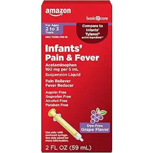 Amazon Basic Care Infants' Pain & Fever, Pain Reliever, Fever Reducer, Acetaminophen 160 mg per 5 mL, Suspension Liquid, Dye-Free Grape Flavor, 2 fl oz (1-Pack)