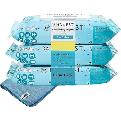 3 Honest' Pack-Wipes Made With Aloe | Unscented, 150 Count (3 Packs of 50) Bundled with MICROFIBER CLEANING CLOTH