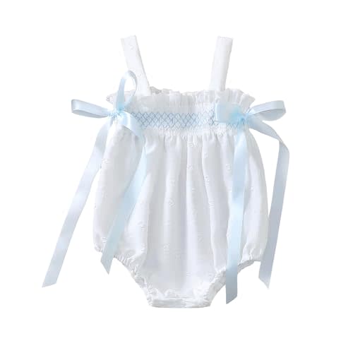 Honganda Newborn Baby Girl Summer Outfit Bow Ruffle Decor Smocked Bubble Romper Infant Baby Shower Gifts