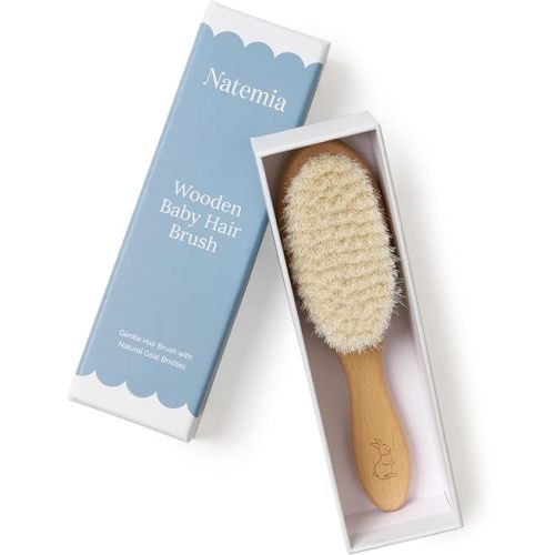 Natemia Wooden Baby Hair Brush - Natural Goat Hair Bristles - Gentle Soft Bristles for Scalp Massage - Cradle Cap Comb for Flake Removal - For Baby Grooming Kit & Toddler Hair Brush