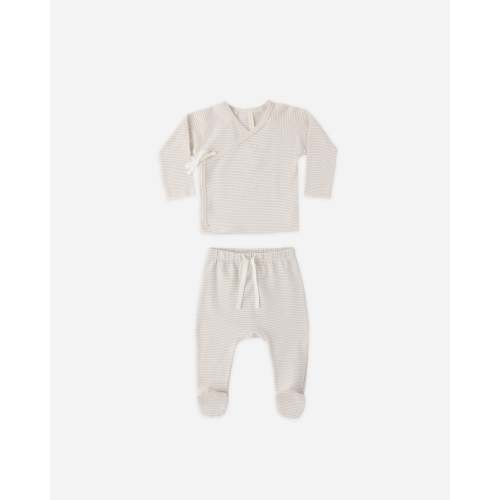 Wrap Top + Footed Pant Set Oat Micro Stripe