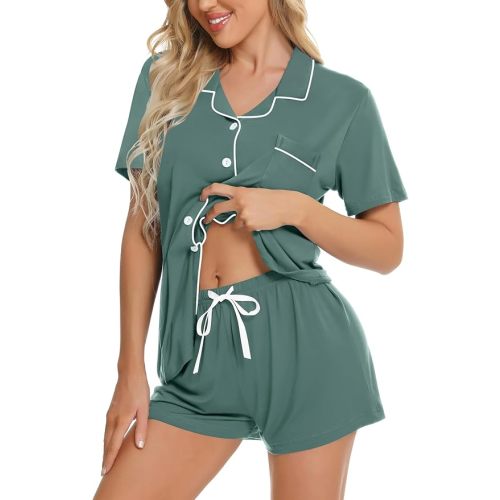 SWOMOG Womens Button Down Pajamas Set Short Sleeve Sleepwear Bride Soft Pj Lounge Sets XS-3XL
