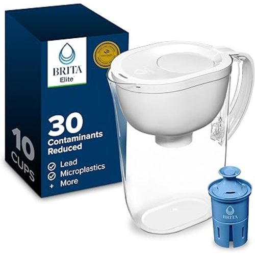Brita Large 10-Cup Elite Water Filter Pitcher, WQA NSF/ANSI Certified, Reduces 99% of Lead, Microplastics, & 30 Contaminants, BPA-Free, Removes Chlorine Taste & Odor, 1 Elite Filter, White