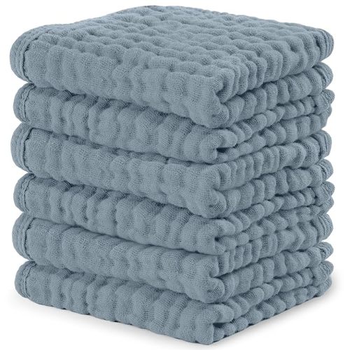 Comfy Cubs Muslin Baby Washcloths 6 Pack - Soft 6-Layer Cotton Wash Cloths for Sensitive Skin - 10"x10" Large, Gentle, Absorbent Infant Essentials for Newborn and Toddlers - Pacific Blue