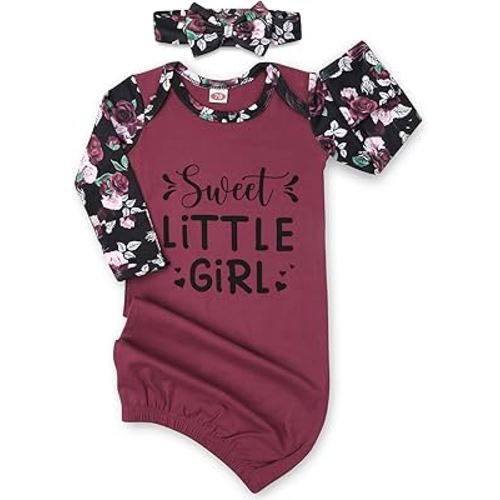 Baby Gown 0-6 Months, Super Soft Infant Nightgown for Baby Girl, Long Sleeve Newborns Sleepers Gown, Newborn Girls Outfits Essential with Headband Set Red