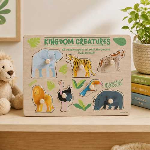 Kingdom Creatures Wooden Peg Puzzle, Christian Animals, Bible Learning Toy
