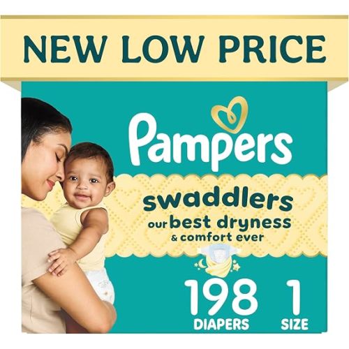 Pampers Swaddlers Diapers, Size 1 (8-14 lbs), 198 Count, Hypoallergenic, Absorbent, Keeps Baby Dry and Comfortable, Skin Safe Disposable Newborn Baby Diaper