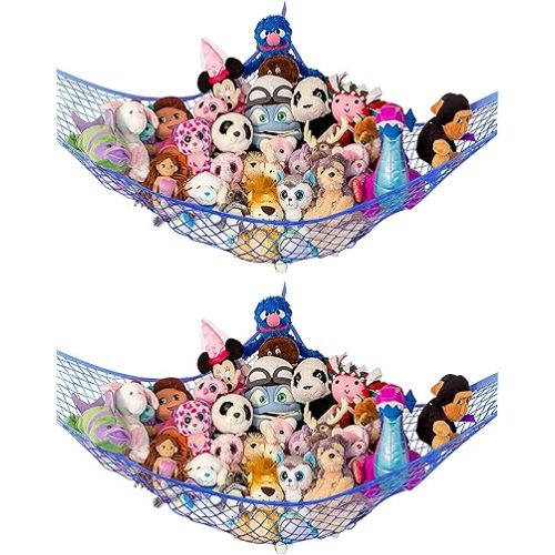 Lilly's Love Stuffed Animal Hammock | Corner Hanging Organizer, Toy Storage, Stuffed Animal Storage Net | Made from Quality Fishing Net, Holds 12lbs | 67"x47"x47" (Blue, 2 Pack)