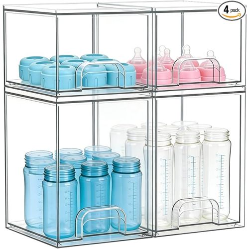 Baby Bottle Organizer, Large Capacity Stackable Acrylic Storage with Non-Slip Pads, for Baby Bottles, Pump Parts, Kitchen Countertop, Pantry, Vanity, 4-Piece