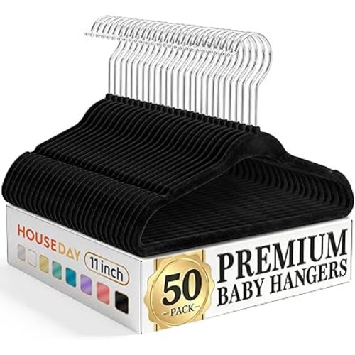 HOUSE DAY 11 Inch Velvet Baby Hangers 50 Pack Black, Premium Kids Hangers for Children/Infant/Toddler Clothes, Durable Non Slip Small Baby Felt Hanger for Closet, Ideal for Everyday Use