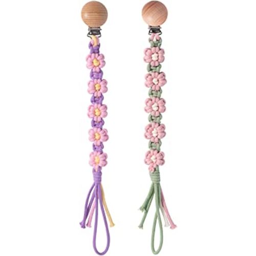 Pacifier Clip for Boys Girls Floral Daisy Macrame Paci Clip Pacifier Holder Leash Boho Wooden Clips Handmade Braided Cotton Unisex Baby Shower Birthday Gift