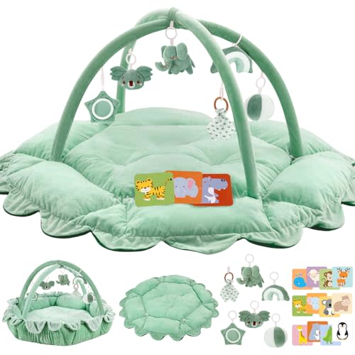 5-in-1 Plush Baby Play Gym, Activity Mat with Convertible Gym, Baby Gym 6 Sensory Toys, Play Center for Newborn to Toddler, Light Green