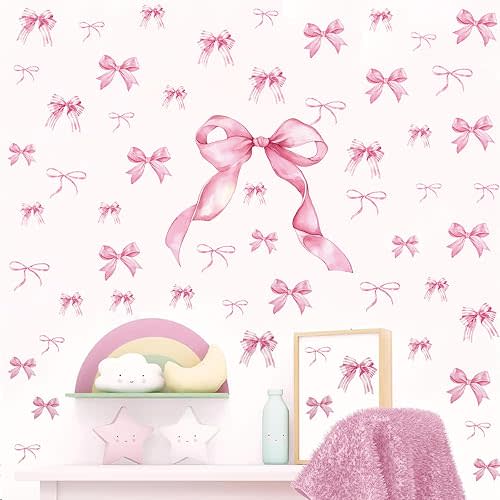 Pink Bow Wall Stickers, 6 Sheets 50 Pcs Large Bow Knot Wall Decals Peel and Stick DIY Coquette Sticker for Girls Home Bedroom Nursery Decorations