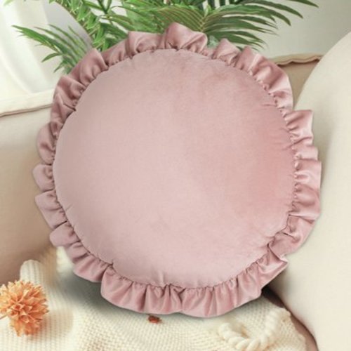 Lilgiuy Pink Round Throw Pillow Diameter 18", Solid Color Farmhouse Cotton Super Soft Lightweight Decoration Pillow with Ruffles, Sturdy Throw Pillow for Couch Sofa Bed Living Room Office