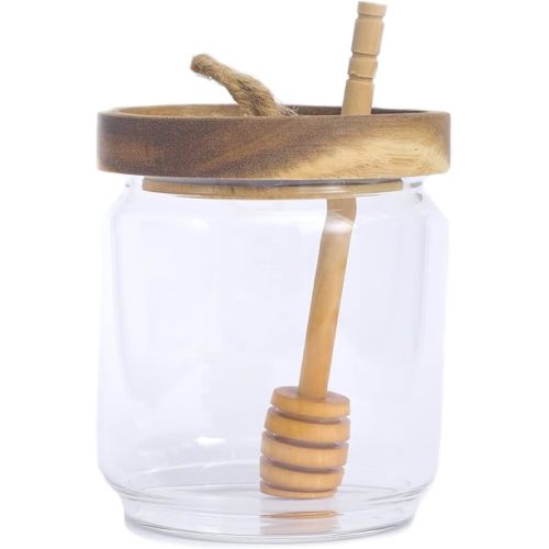 Honey Jar Pot Glass Holder Dispenser Set with Wooden Dipper Stick and Acacia Lid Cover for Home Kitchen, Clear, Modern Honey Syrup Glass Container for Storage Gift, Honey Pot and Drizzler (14 Oz)