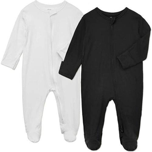 Aablexema Baby Footie Bamboo Pajamas Zipper - Unisex Infant Newborn Sleep Play Footed Onesie Pjs with Mittens - White and Black - 0-3 Months
