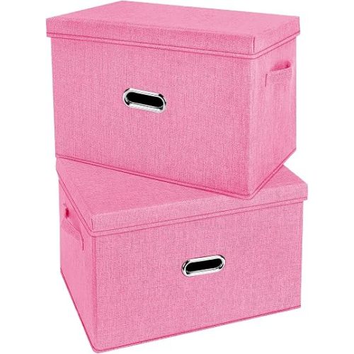 Large Linen Fabric Foldable Storage Bins with Removable Lid and Handles, Washable Storage Box Organizer Containers Baskets Cube with Cover for Bedroom,Office(Pink, XXL(2-Pack))