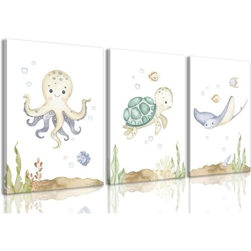 Ocean Nursery Wall Art Set of 3 Sea Animal Baby Boys Room Canvas Prints Watercolor Ocean Kids Nursery Wall Decor Paintings Under The Sea Picture for Boys and Girls Room Bedroom 12x16 inch Framed