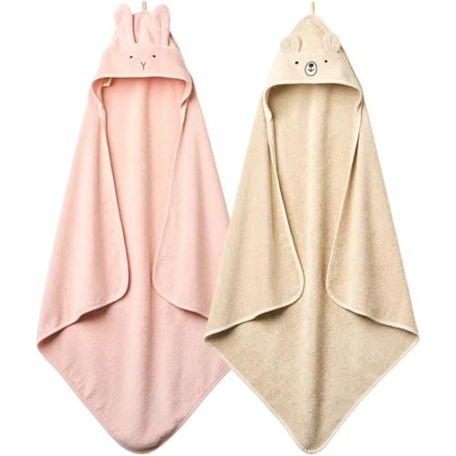 Baby Hooded Towel – Organic Cotton Baby Bath Towels, 32" x 32" Super-Soft and Absorbent Baby Towels for Newborn 2-Pack (Rabbit Blush/Bear Fog)
