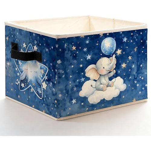 Navy Blue Star Elephant Nursery Storage Bins Box with Handles, Cute Elephant Star Sky Foldable Basket Toybox for Toddler Kids Bedroom Bathroom Playroom Nursery Clothes Toys Books