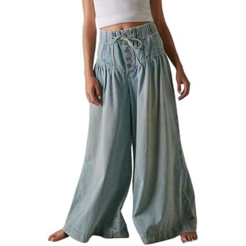 CHARTOU Women's Baggy Wide Leg Denim Pants Drawstring Midi Waisted Flare Jeans Ruffle Pleated Button Jeans