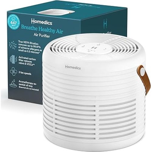 Homedics Air Purifier True HEPA Filter for Medium Rooms up to 447 Sq Ft Removes 99.97% Allergens, Odors & VOCs, Aromatherapy, 3 Fan Speeds, for Bedrooms, Living Rooms & Offices, Quiet Operation