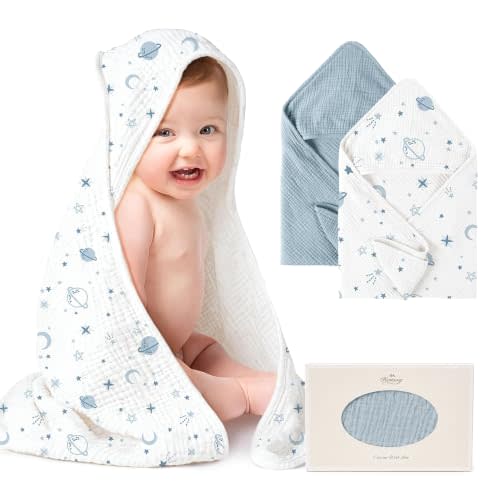 Konssy 2-Pack 100% Muslin Cotton Hooded Baby Bath Towels for Boys and Girls | 32 x 32 In, Ultra-Soft & Absorbent, Bath Towels With Hooded for Infants Newborns Toddlers, Machine Washable (Blue, Star)