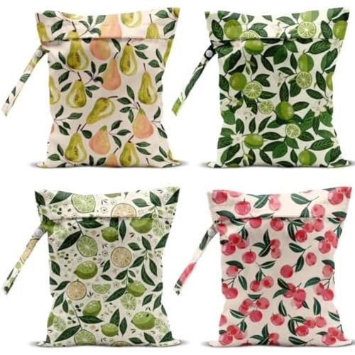 4 Pack Cute Fruit Wet Bag Waterproof Washable Reusable Wet Dry Bag for Swimsuit Dirty Clothes Bathing Cloth Diaper Travel Beach Pool Yoga Gym Toiletries Travel Beach Essentials Pear Lemon Peach