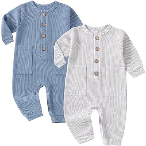 Baby Boys Girls 2 Pack Solid Romper Waffle Long Sleeve One-Piece Cotton Jumpsuit Outfits Clothes