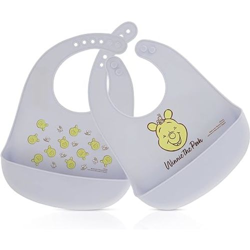 Disney 2-Pack Unisex Baby & Toddler Silicone Bibs with Food Catcher, Soft Waterproof Feeding Accessories