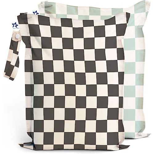 Tiny Twinkle Mess-proof Wet Bags 2 Pack Waterproof and Washable Bag for Travel storage, Stroller, Daycare, Baby Diapers, Yoga, Beach, Pool, Wet Toddler Swimsuits - Black, Green Checkers