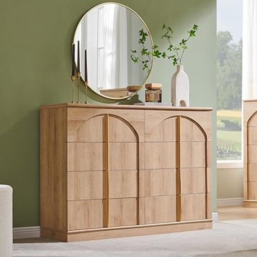 ACCOHOHO Large Dresser for Bedroom with 8 Drawers with Arched Panel,Modern Minimalist Chest of Drawers with Gold Handles,Wood Storage Closet Dressers Tv Stand for Living Room, Hallway,Natural Oak