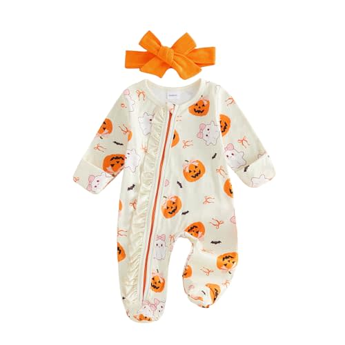 Baby Girl Halloween outfit Pumpkin Ghost Footie Zipper Jumpsuit | My First Halloween Baby Girl Outfit Newborn Pumpkin Ghost Footie Jumpsuit Ruffle Zipper Romper Cute Baby Fall Clothes