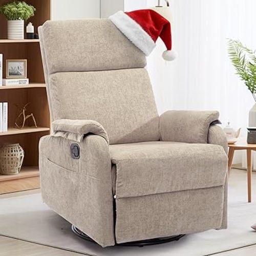 Recliner Chairs, Swivel Rocking Recliner Chair for Adults, Glider Rocking Chair, Small Nursery Recliner for Living Room, Reclining with Modern-Designed Armrests, Chenille, Khaki