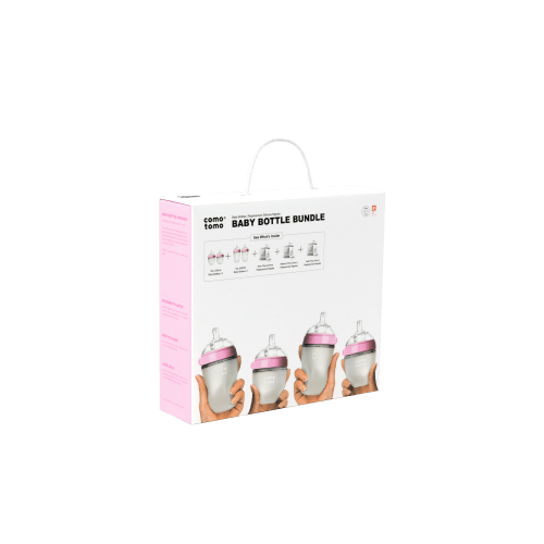 Comotomo Newborn Infant Essentials Baby Bottle Bundle, Natural, BPA Free, Vented, Pink