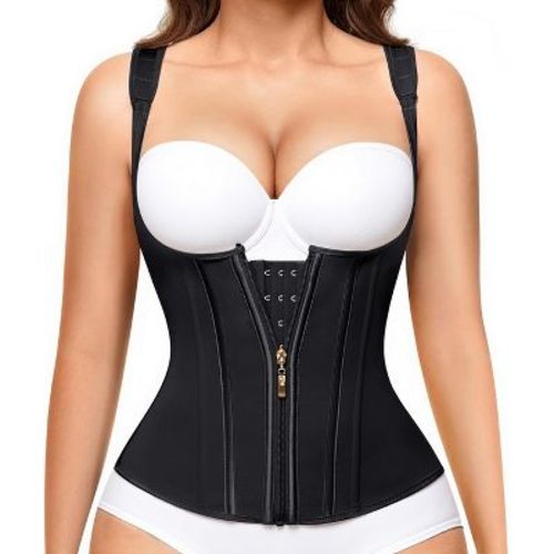 Nebility Sculpting Zipper Corset Shapewear - Waist Trainer Vest for Women, Adjustable Strap Tummy Control Faja with 7-Bone Back Support, S Black