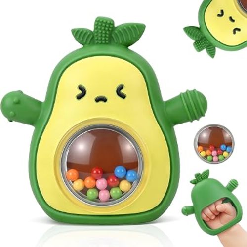 Baby Teething Rattle Toys 3-6 6-12 Months, Silicone Avocado Anti Drop Teether Mitten Toys, Newborn Sensory Chew Toys for Teething Relief, Baby Essentials for Infant Boys Girls