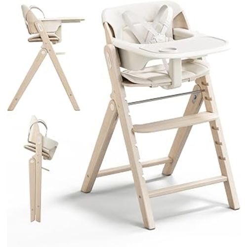 MAMAZING GrowPod Pro Wooden High Chair, Adjustable Grow-with-Me Baby High Chair with Dual Tray, Easy-Clean Surface, Compact Foldable Design, Included Detachable Guard & PU Cushion (Washed White)